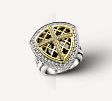 Load image into Gallery viewer, REGAL Signet Ring&lt;br&gt;w/18K Gold Cross &amp; Shield&lt;br&gt;Black Onyx / Pavé-Set Diamonds
