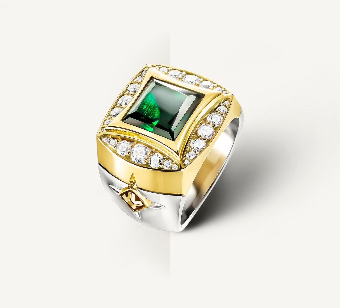 The Grand Signet Ring<br>Diamonds / Emerald & Mixed Metals