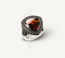 Load image into Gallery viewer, Shield Ring in Sterling Silver&lt;br&gt;Garnet Stone / Black Rhodium
