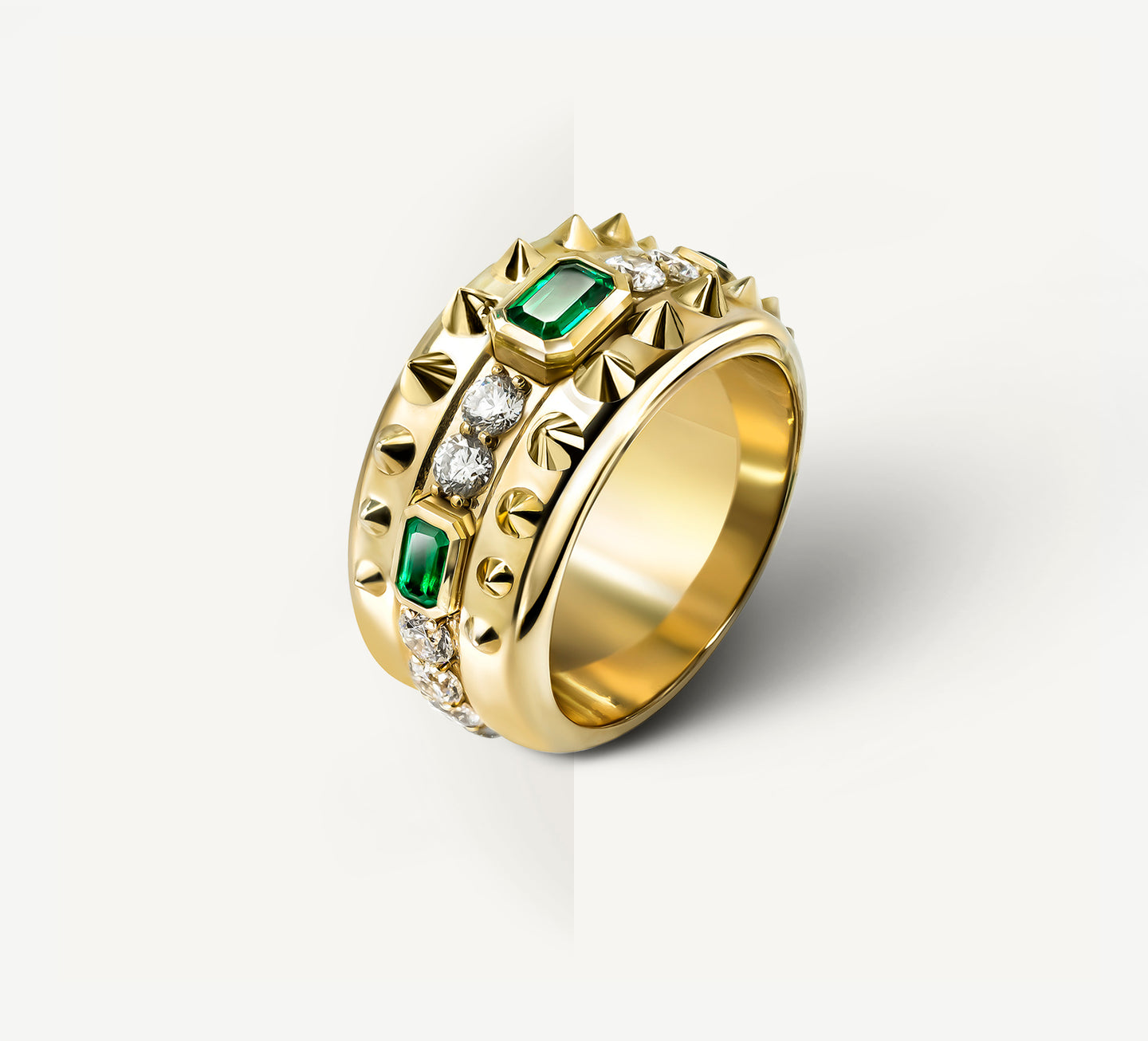 Spiked Rebel Ring / 18K Gold<br>w/Diamonds & Emeralds