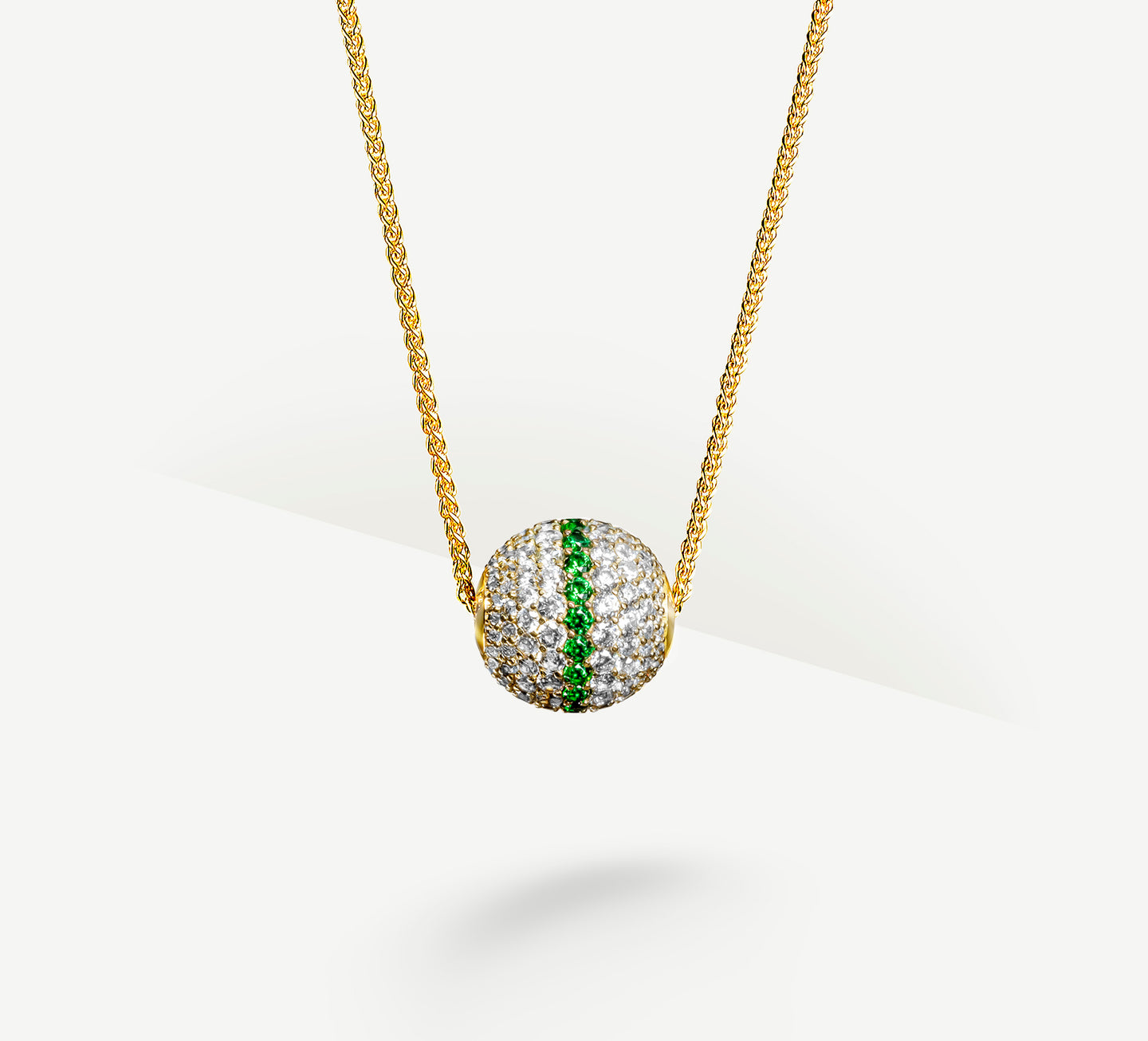 Radiant Gold Sphere Necklace<br>w/White Pavé Diamonds<br>& Emerald Accent