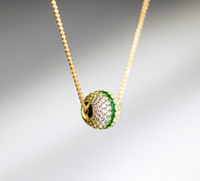 Load image into Gallery viewer, Radiant Gold Sphere Necklace&lt;br&gt;w/White Pavé Diamonds&lt;br&gt;&amp; Emerald Accent
