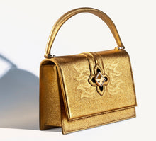 Load image into Gallery viewer, Small Metallic Gold Flame Purse&lt;br&gt;w/16k Gold &amp; Diamond Center Crown
