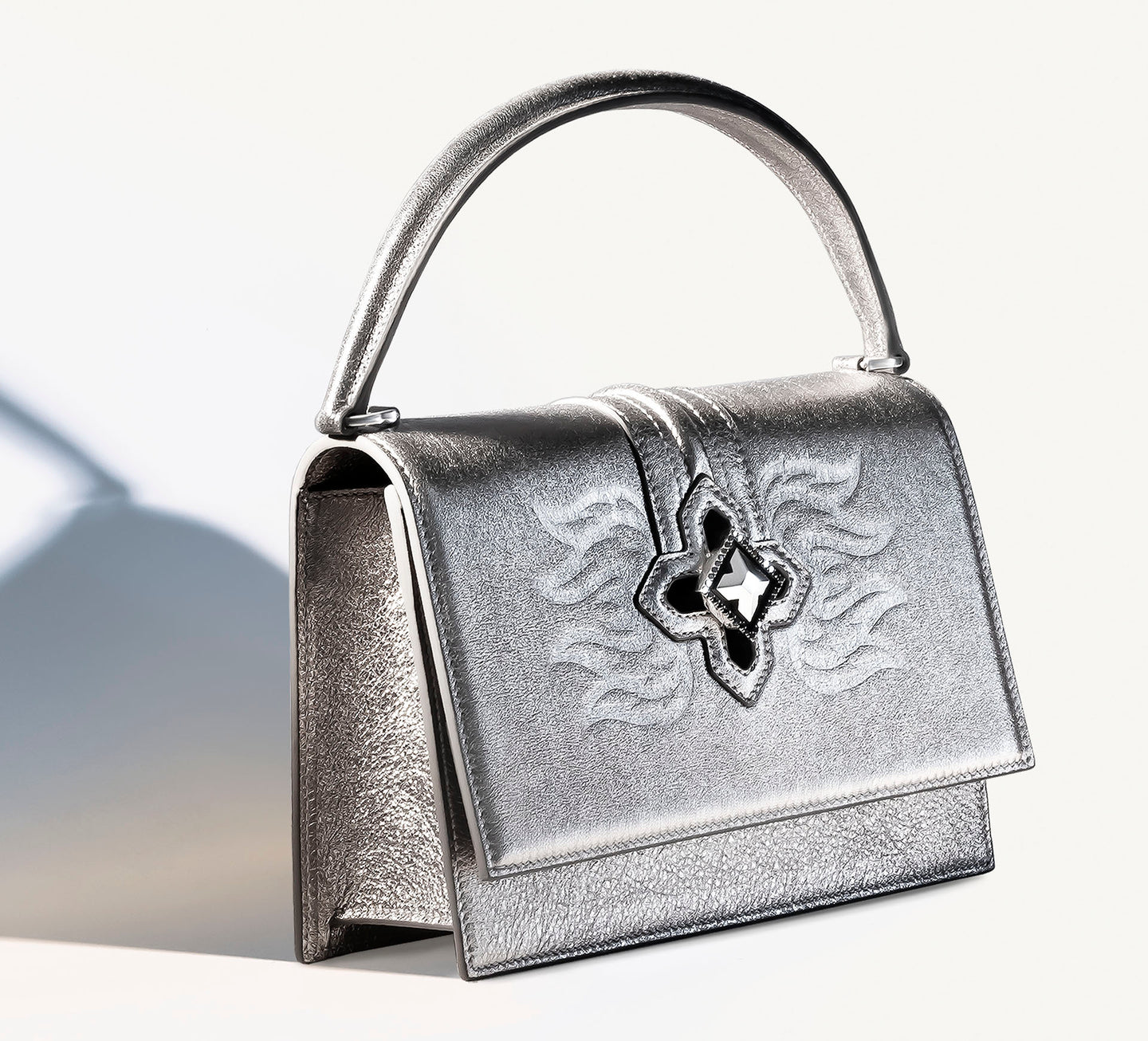 Small Metallic Platinum Flame Purse<br>w/Black Diamonds &  Center Crown