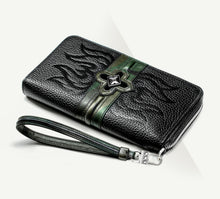 Load image into Gallery viewer, Flame Stamped Black Wallet&lt;br&gt;w/Camo Leather &amp; Box-Crown Accent
