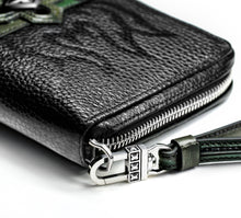 Load image into Gallery viewer, Flame Stamped Black Wallet&lt;br&gt;w/Camo Leather &amp; Box-Crown Accent
