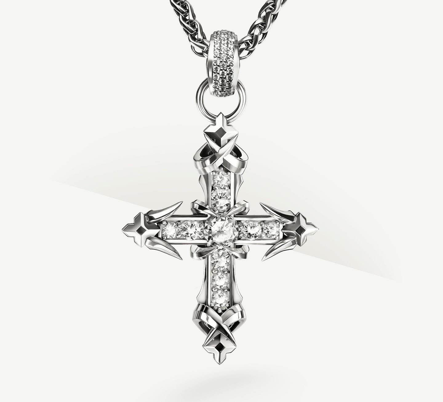 The REGAL II Cross in Sterling Silver<br>w/Pavé Diamonds / Talon Details