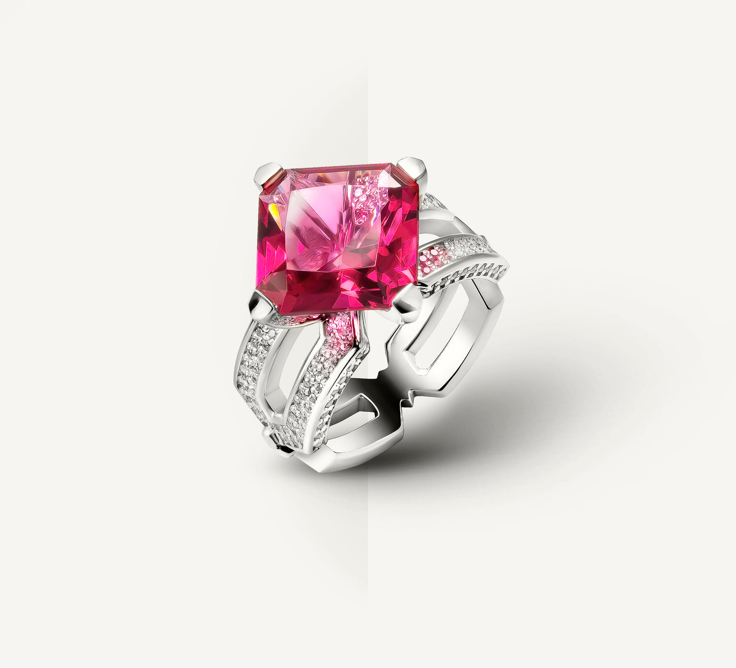 Crystal Link Band<br>Featured Pink Tourmaline<br>Sterling Silver / Pavé Diamonds