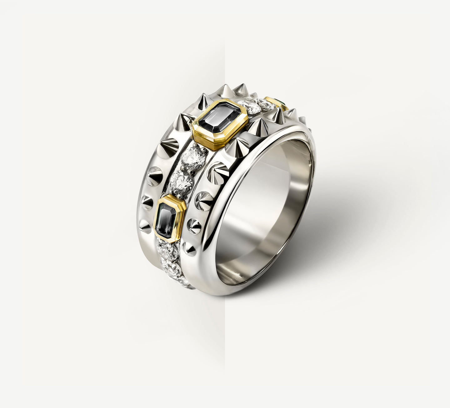 Spiked Rebel Ring<br>Sterling Silver w/Diamonds<br>Black Onyx / 18K Gold Accents