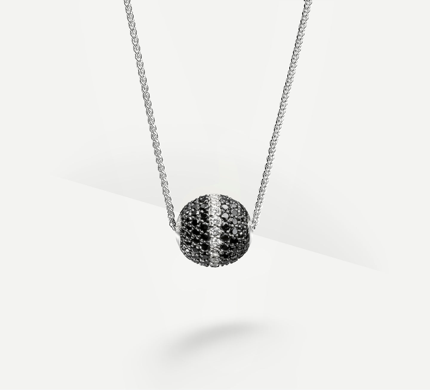 Radiant Silver Sphere Necklace<br>w/Black Pavé Diamonds<br>& White Diamond Accent